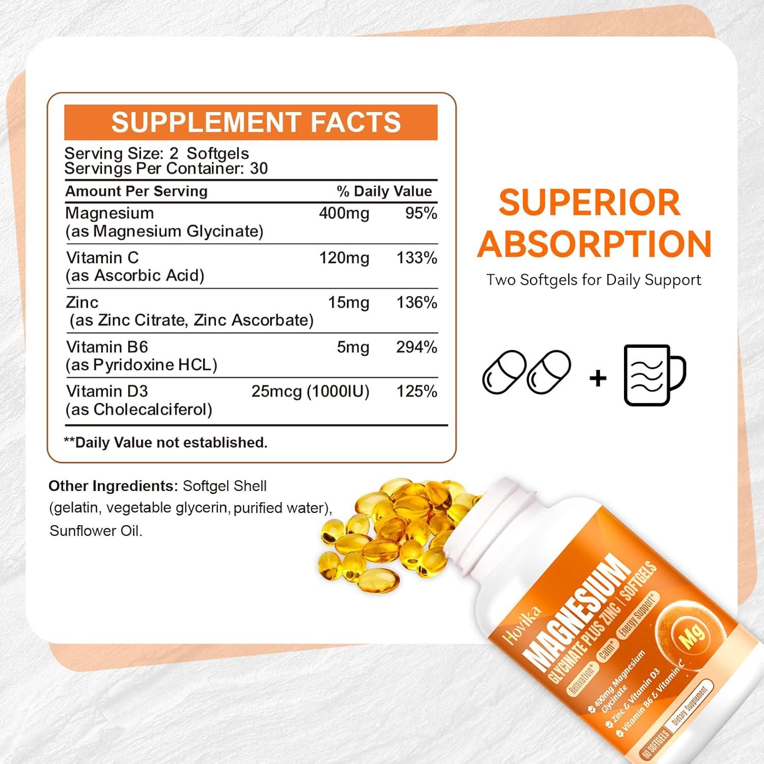 Suplemento Glicinato de Magnesio Hovika 400mg 120 Softgels Veganas