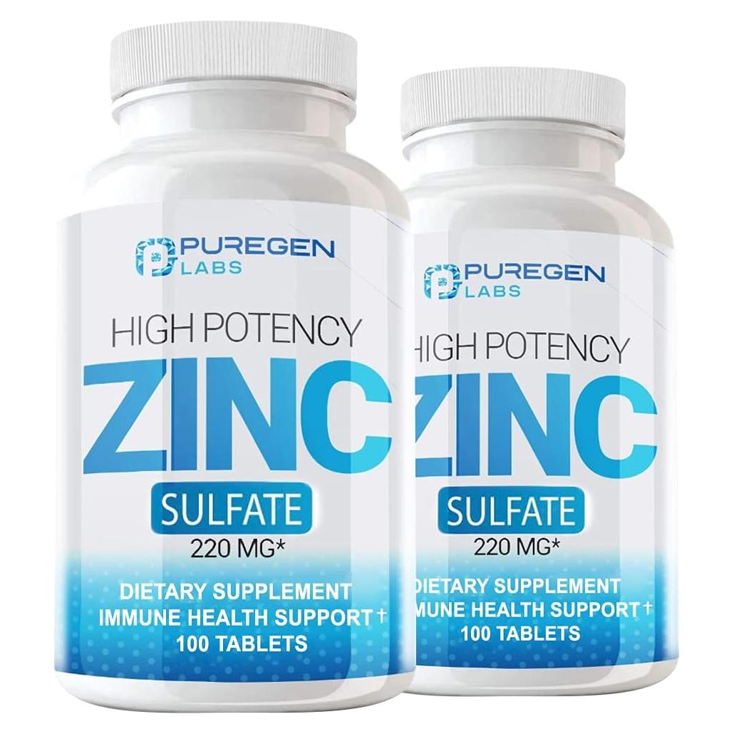 Tabletas de Sulfato de Zinc Puregen Labs 220 mg - 100 unidades