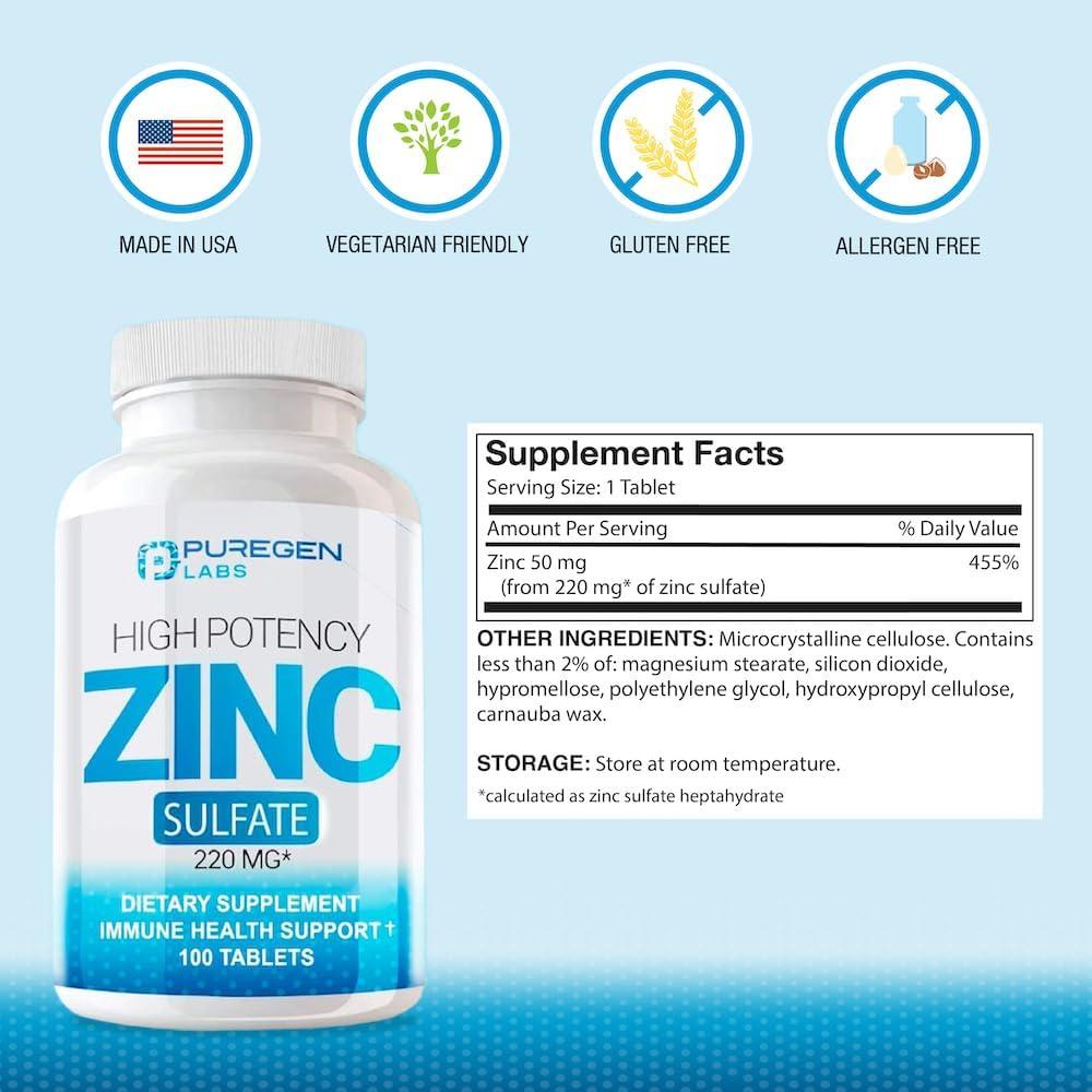 Tabletas de Sulfato de Zinc Puregen Labs 220 mg - 100 unidades