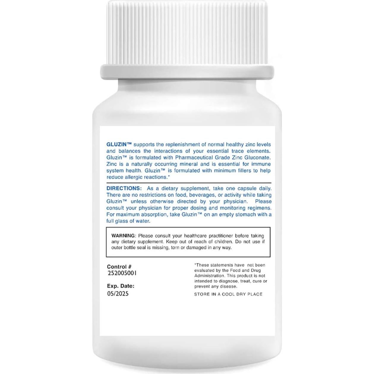 Suplemento de Zinc Gluzin 25MG - 240 Cápsulas Vegetarianas