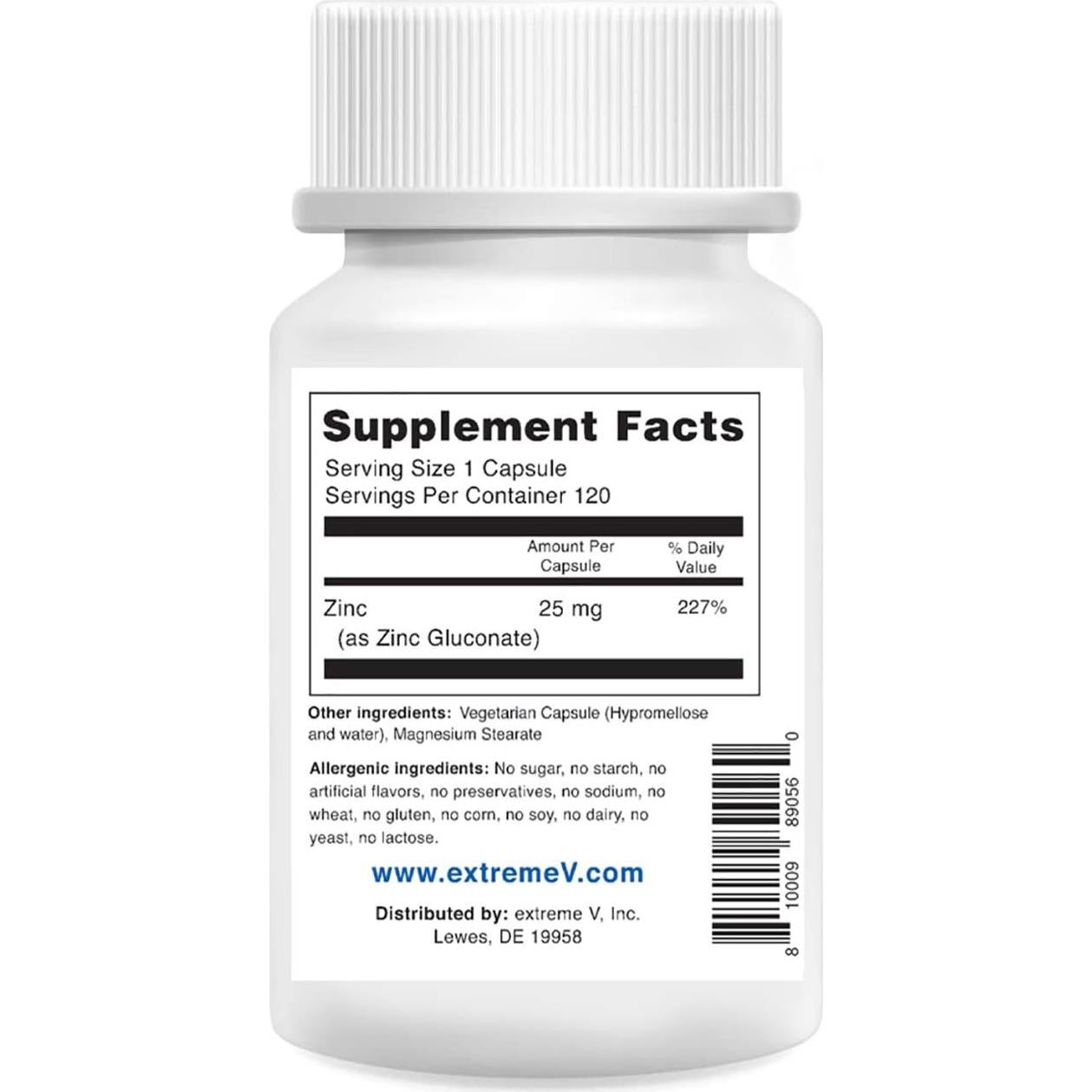 Suplemento de Zinc Gluzin 25MG - 240 Cápsulas Vegetarianas