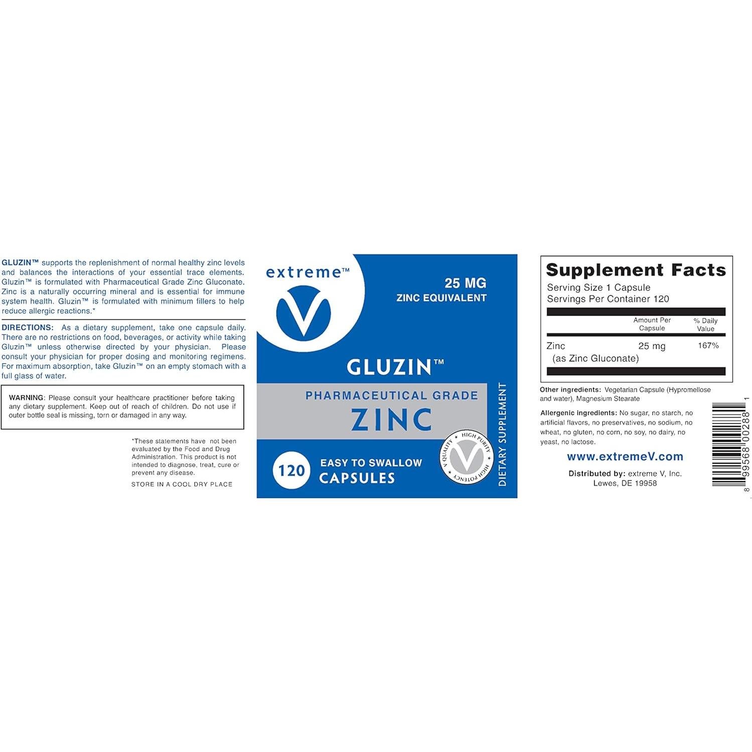 Suplemento de Zinc Gluzin 25MG - 240 Cápsulas Vegetarianas