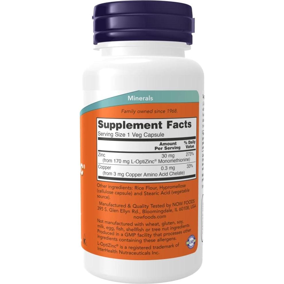 NOW Opti L-Zinc 30mg 100 Cápsulas - Paquete de 3
