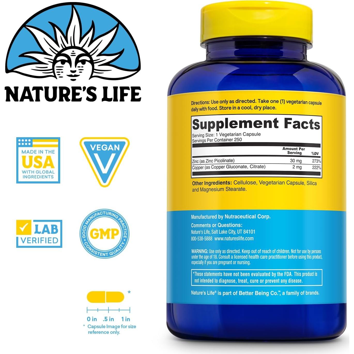 Suplemento de Zinc Picolinato Nature's Life 30mg + Cobre 2mg