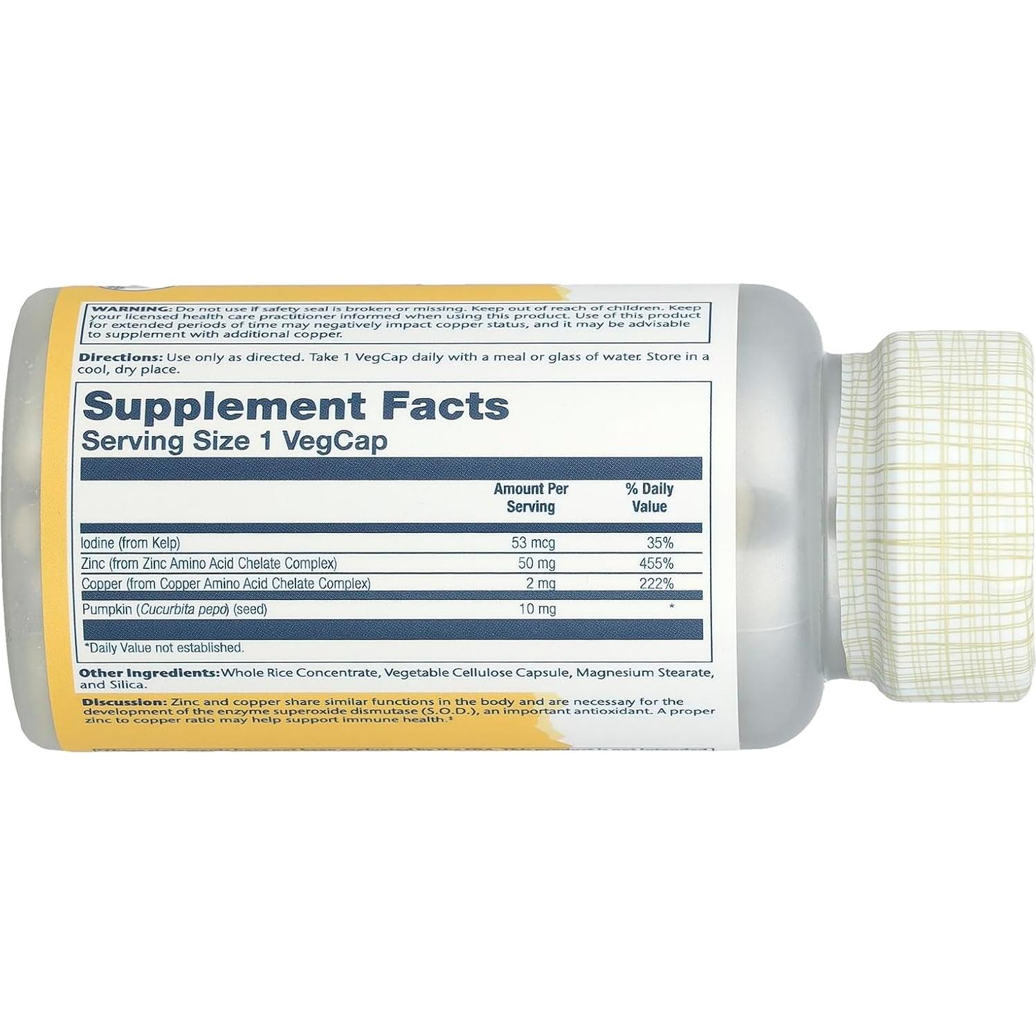 Suplemento Solaray Zinc y Cobre Quelado 100 Cápsulas