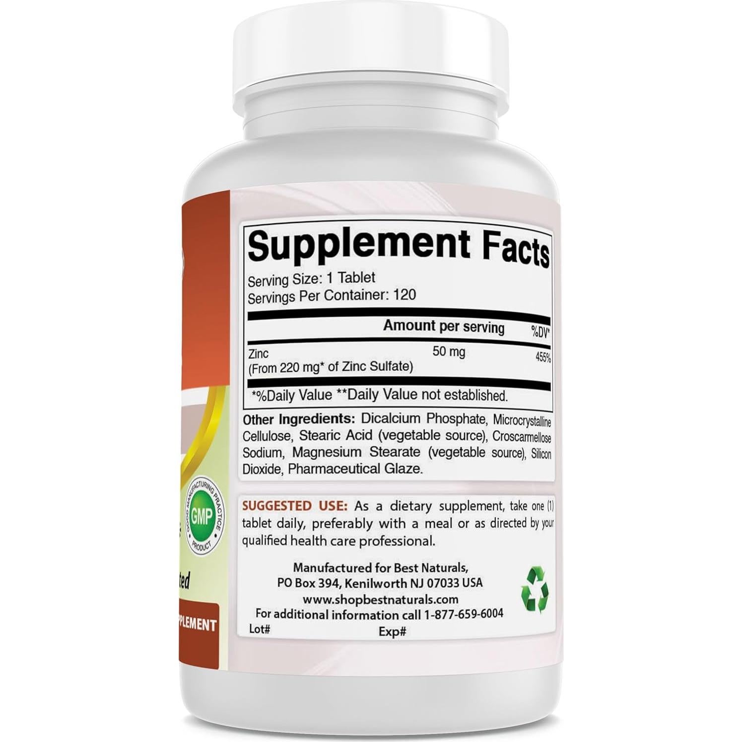 Sulfato de Zinc 220 mg Mejores Naturales 120 Tabletas Sin Gluten