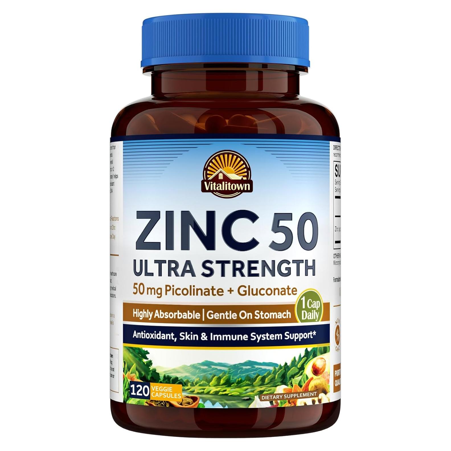 Vitalitown Zinc 50 mg - Suplemento Vegano de Zinc 120 Cápsulas