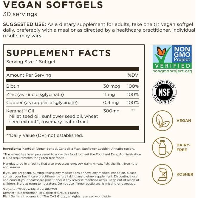 Suplemento Crecimiento Cabello Solgar Biotina 30 Cápsulas