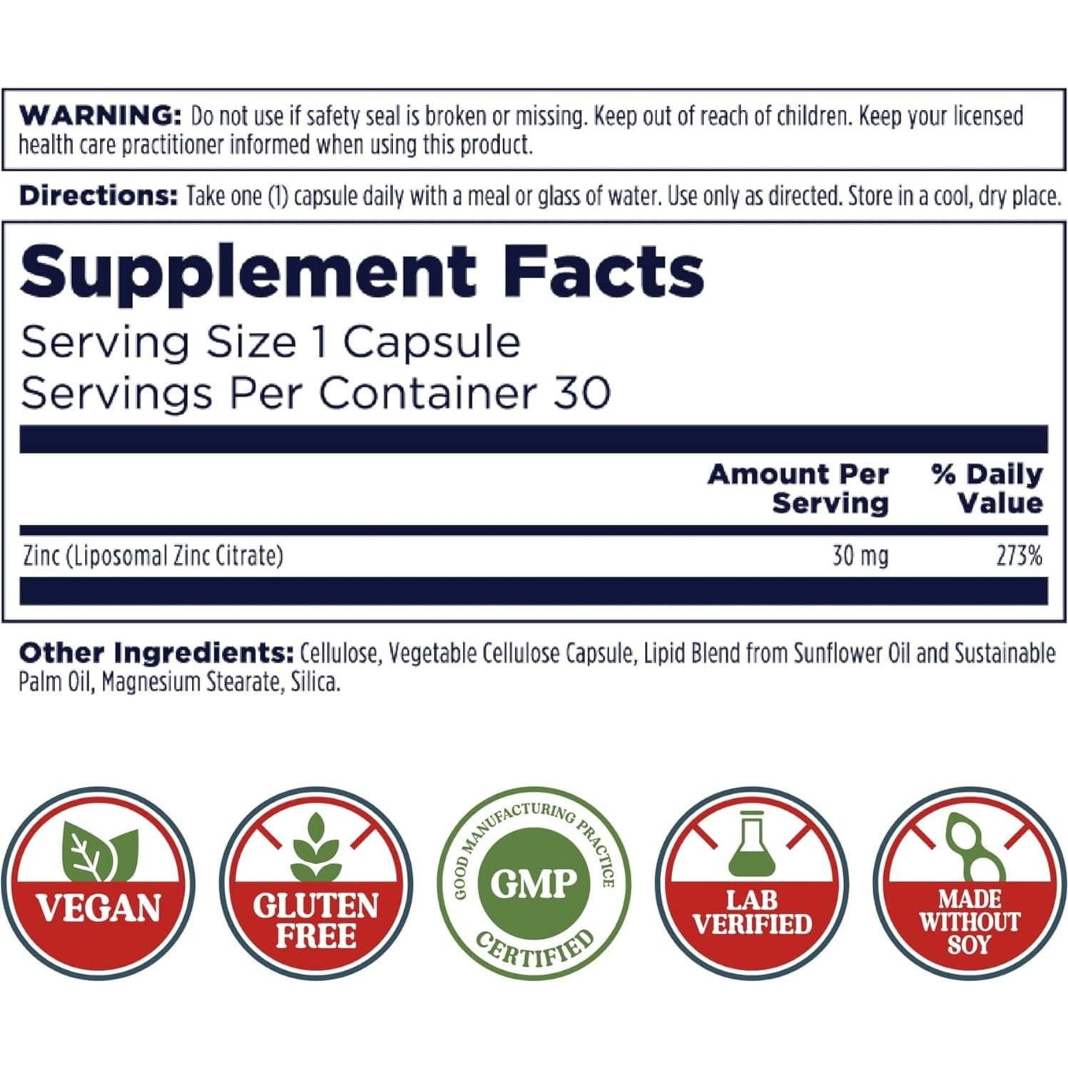 KAL Zinc Liposomal 30mg - Suplemento Vegano Inmunológico 30 VegCaps