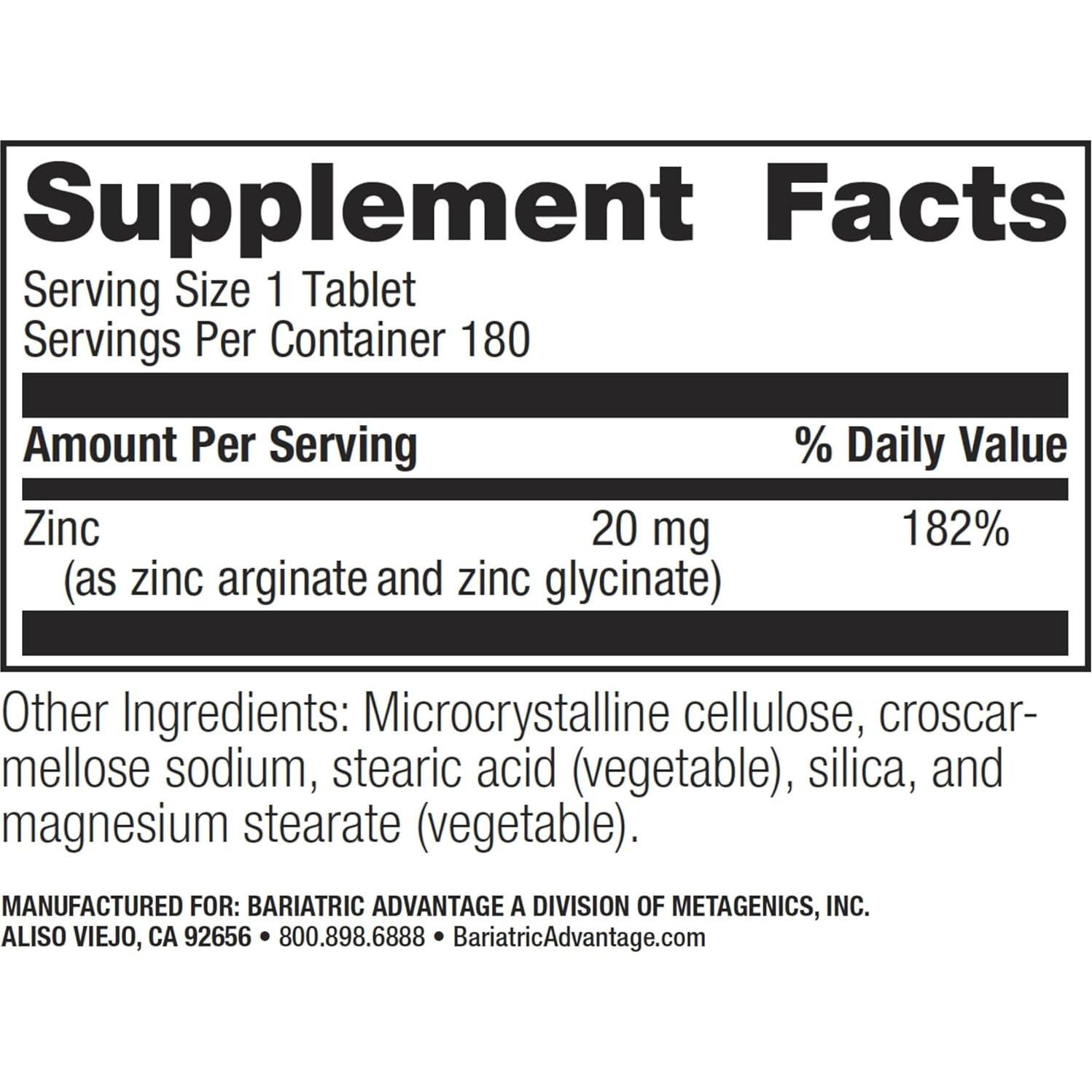 Tabletas de Zinc Quelado Bariatric Advantage 20 mg - 180 Unidades
