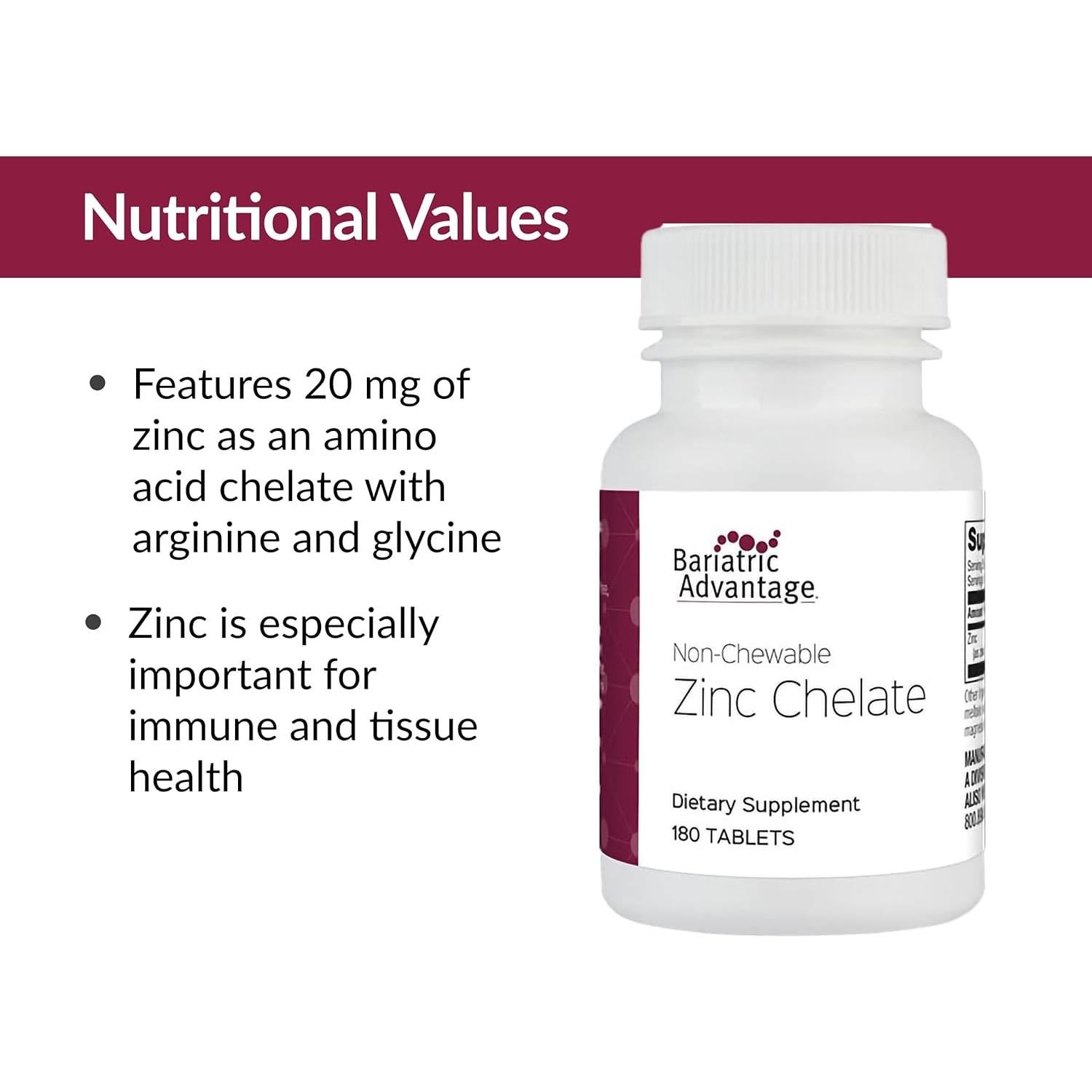 Tabletas de Zinc Quelado Bariatric Advantage 20 mg - 180 Unidades