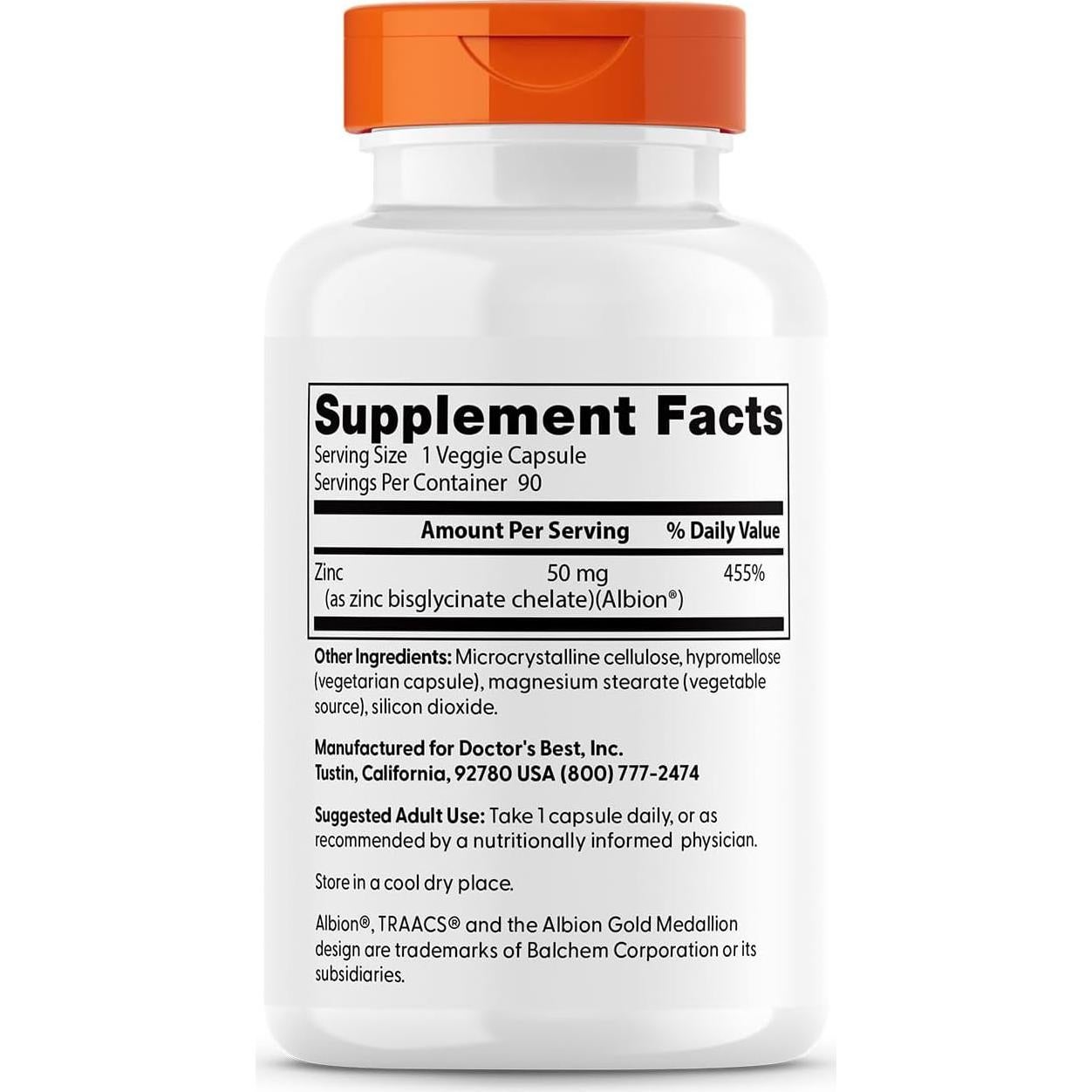 Zinc Bisglicinato 50mg Doctor's Best 90 Cápsulas Alta Absorción