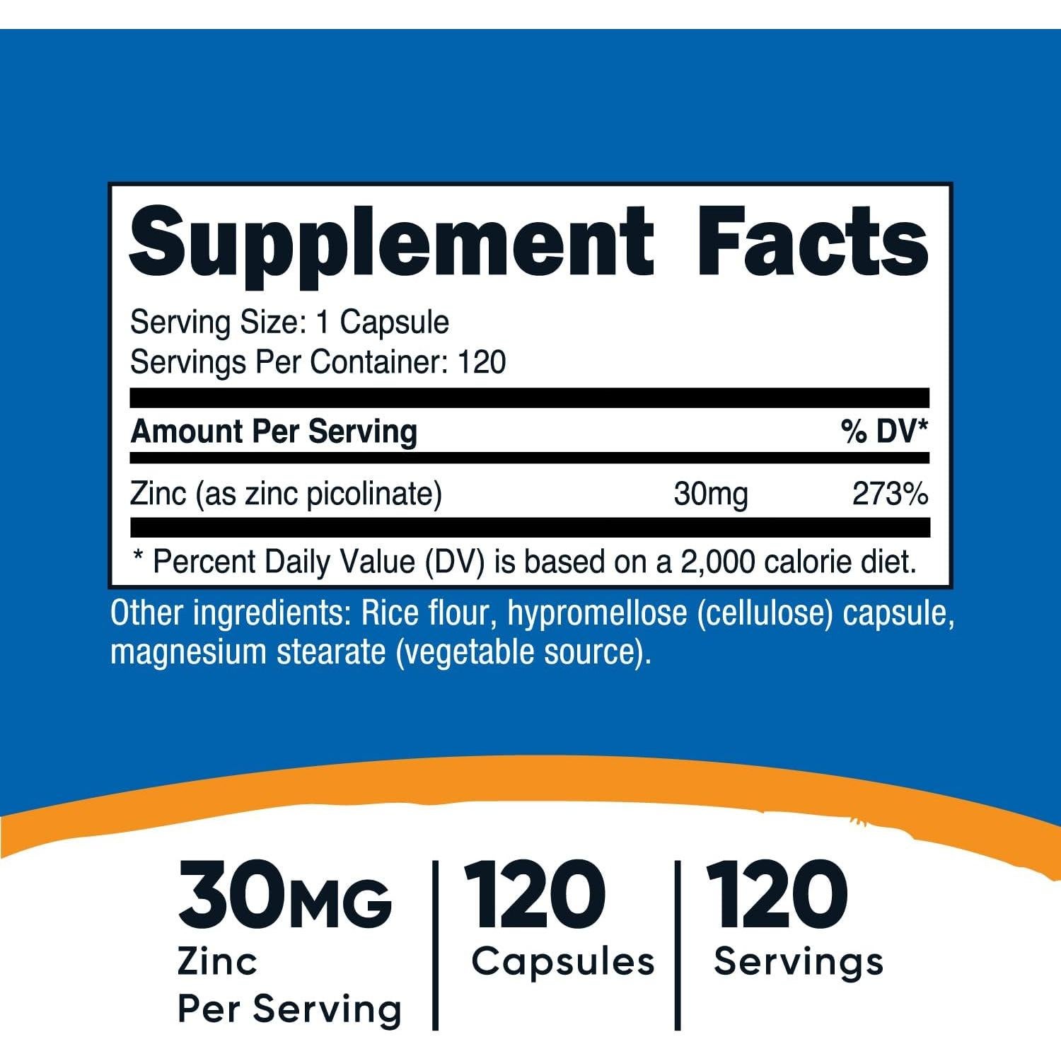 Nutricost Picolinato de Zinc 30mg 120 Cápsulas Sin Gluten