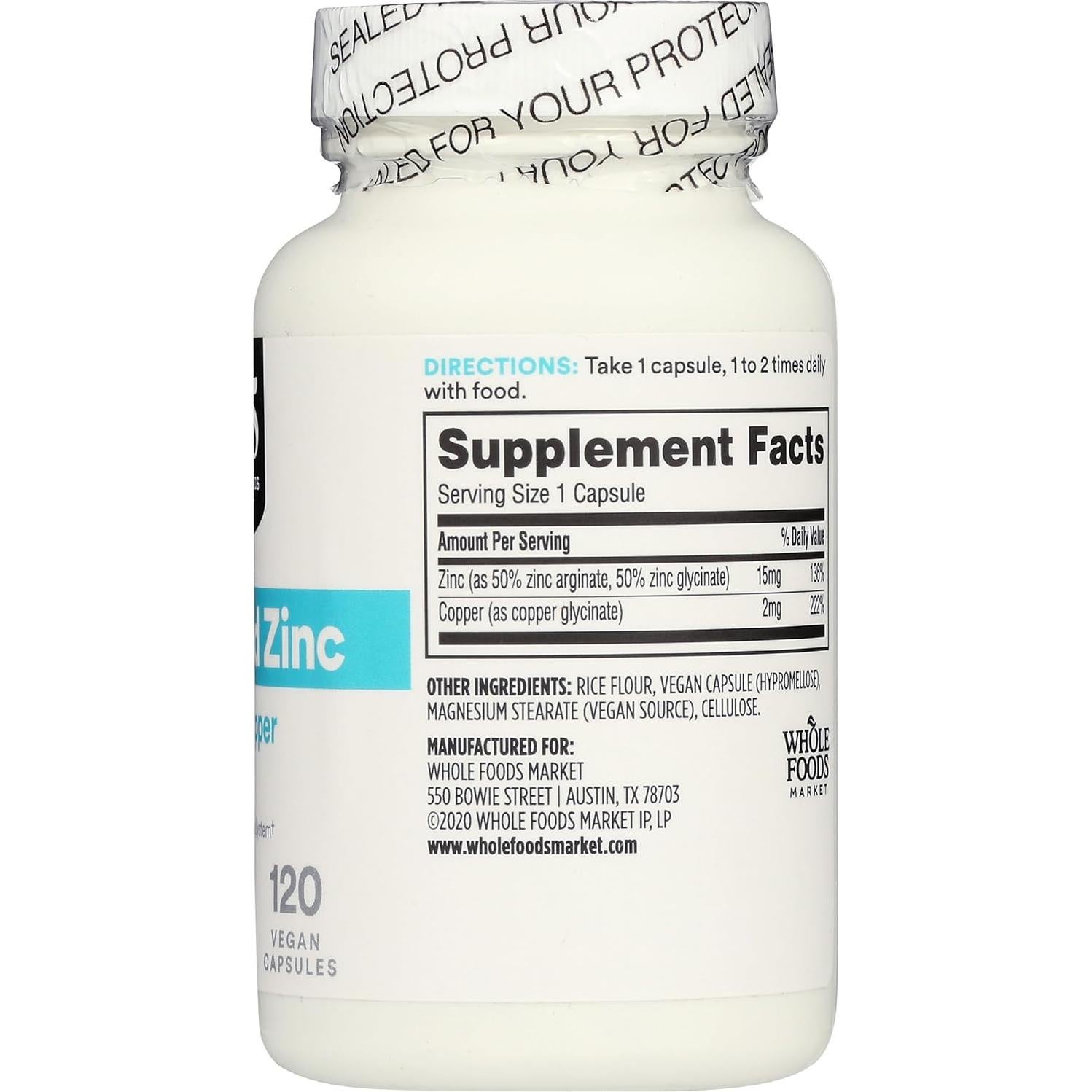 Zinc Quelado 365 Whole Foods 120 Cápsulas 45g