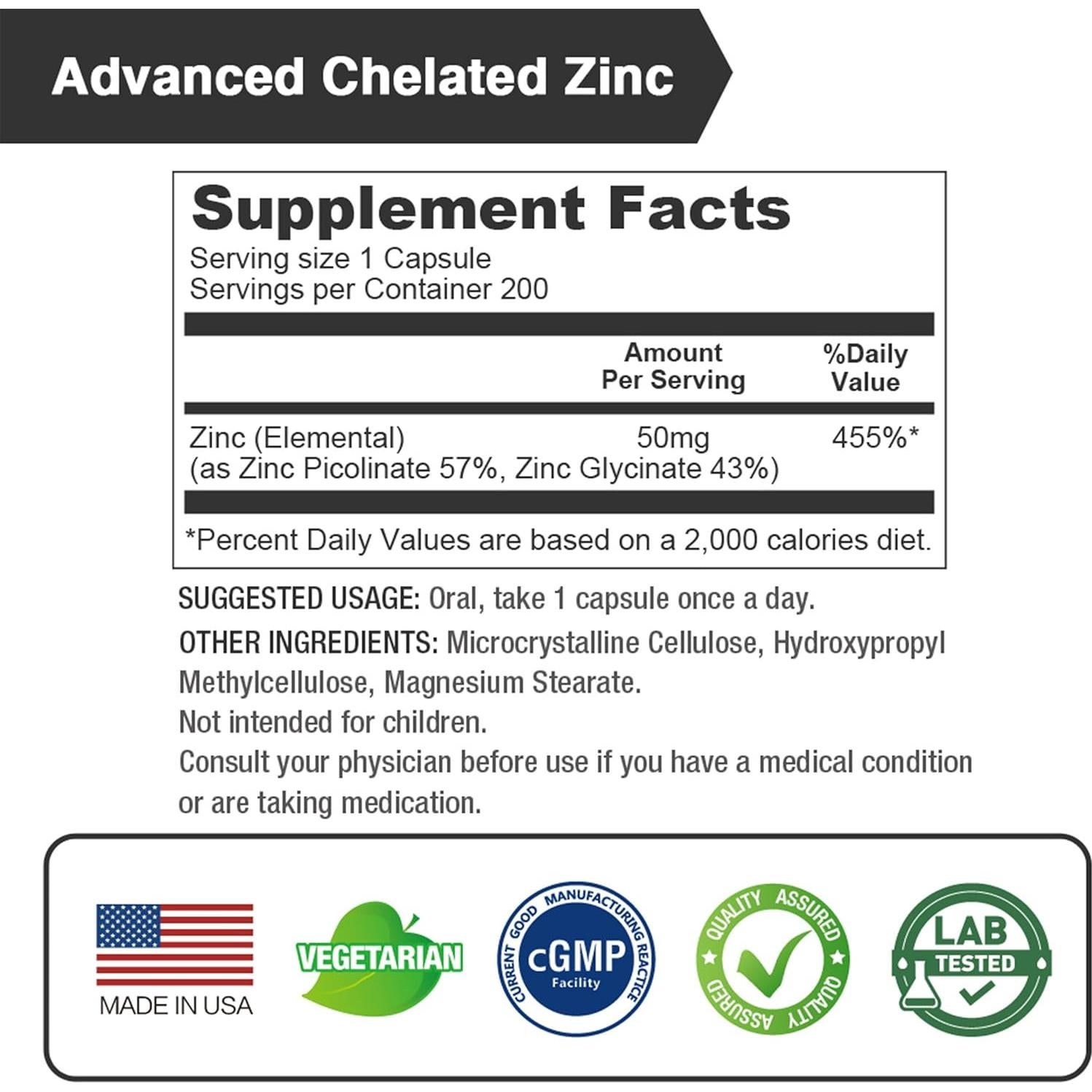 Suplemento de Zinc Lovita 50mg Vegano 200 Cápsulas
