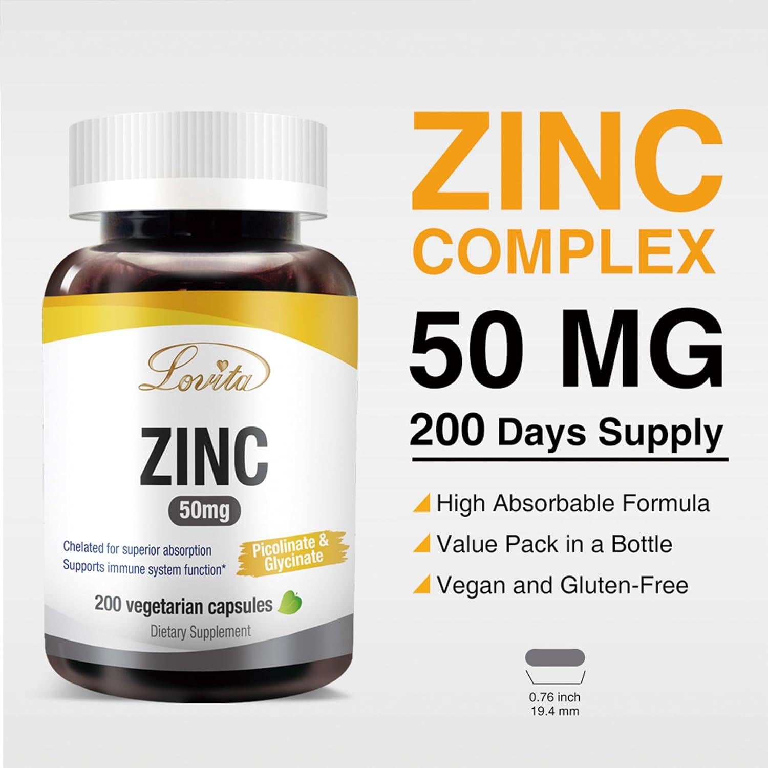 Suplemento de Zinc Lovita 50mg Vegano 200 Cápsulas