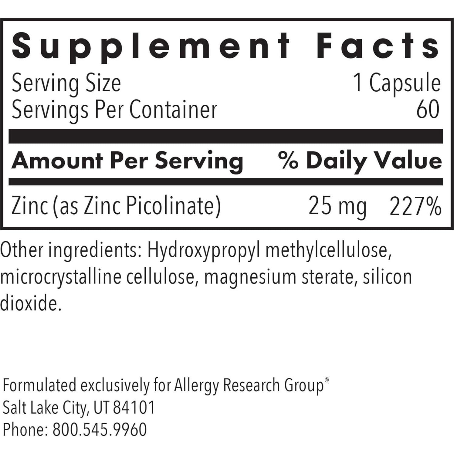 Suplemento Picolinato de Zinc Allergy Research Group 60 Cápsulas