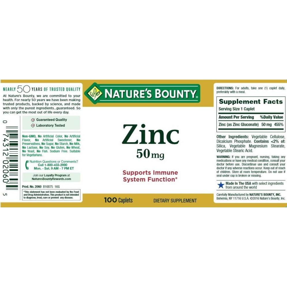 Tabletas de Zinc Nature's Bounty 50 mg 100 unidades