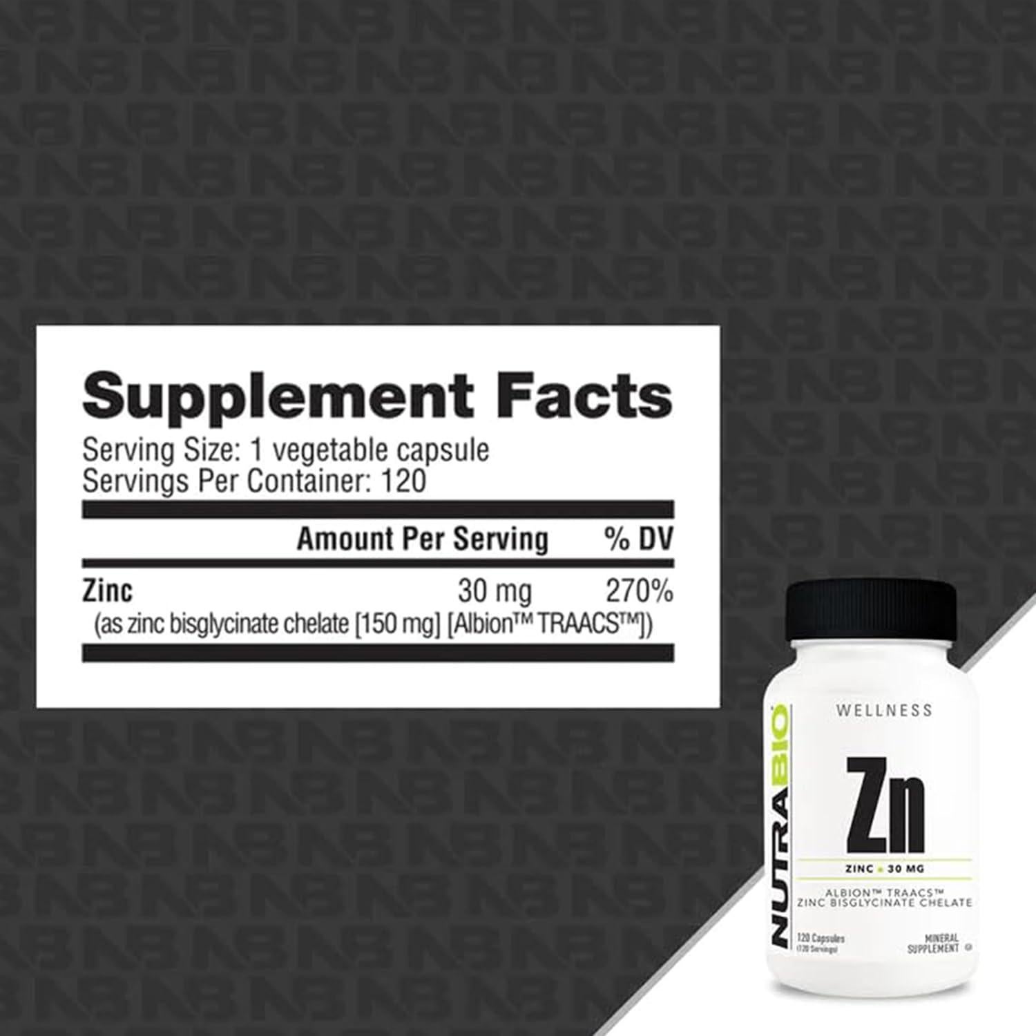 Suplemento de Zinc Chelado NutraBio 30mg - 120 Cápsulas Vegetarianas