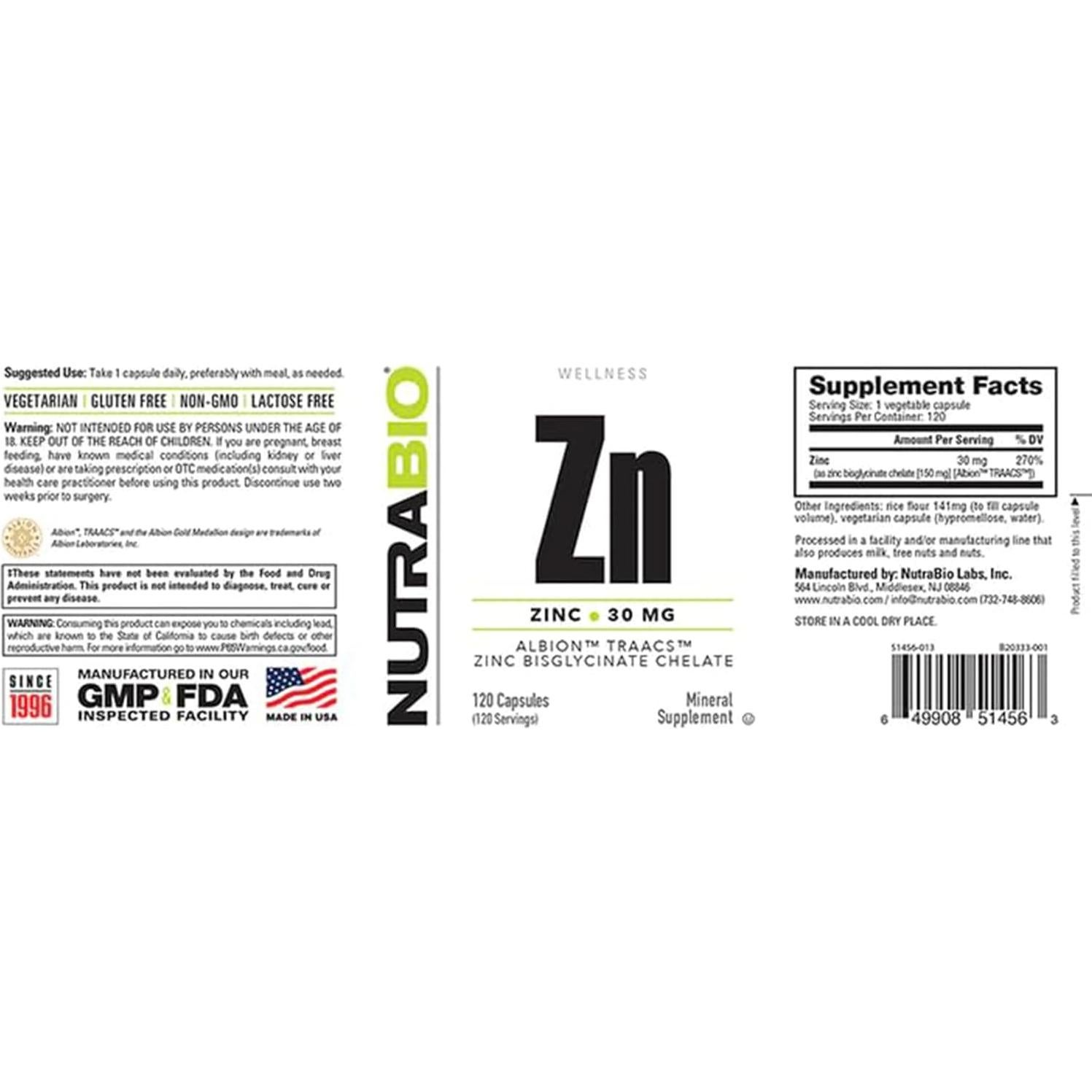 Suplemento de Zinc Chelado NutraBio 30mg - 120 Cápsulas Vegetarianas