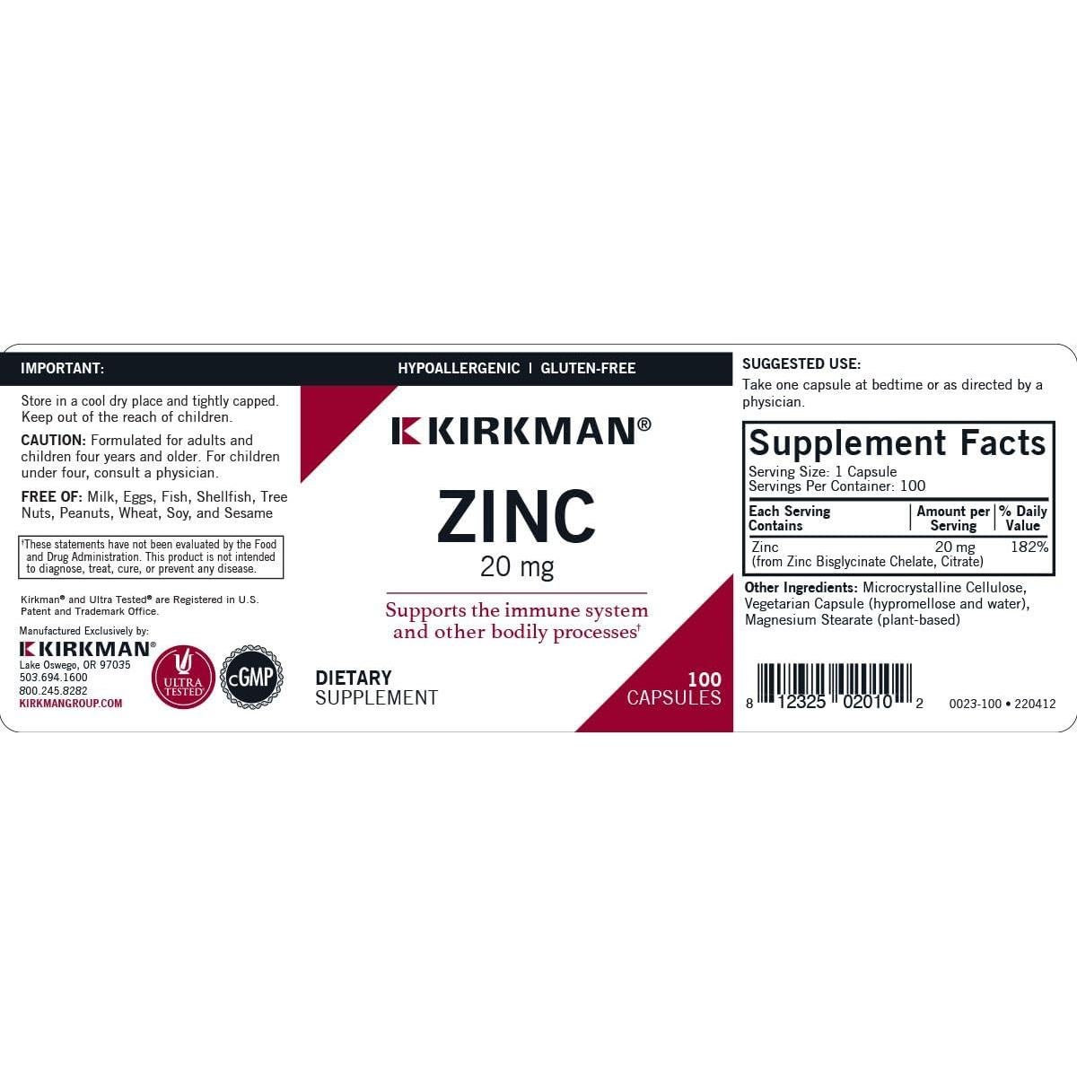 Kirkman Zinc 20mg 100 Cápsulas Hipoalergénicas Alta Absorción