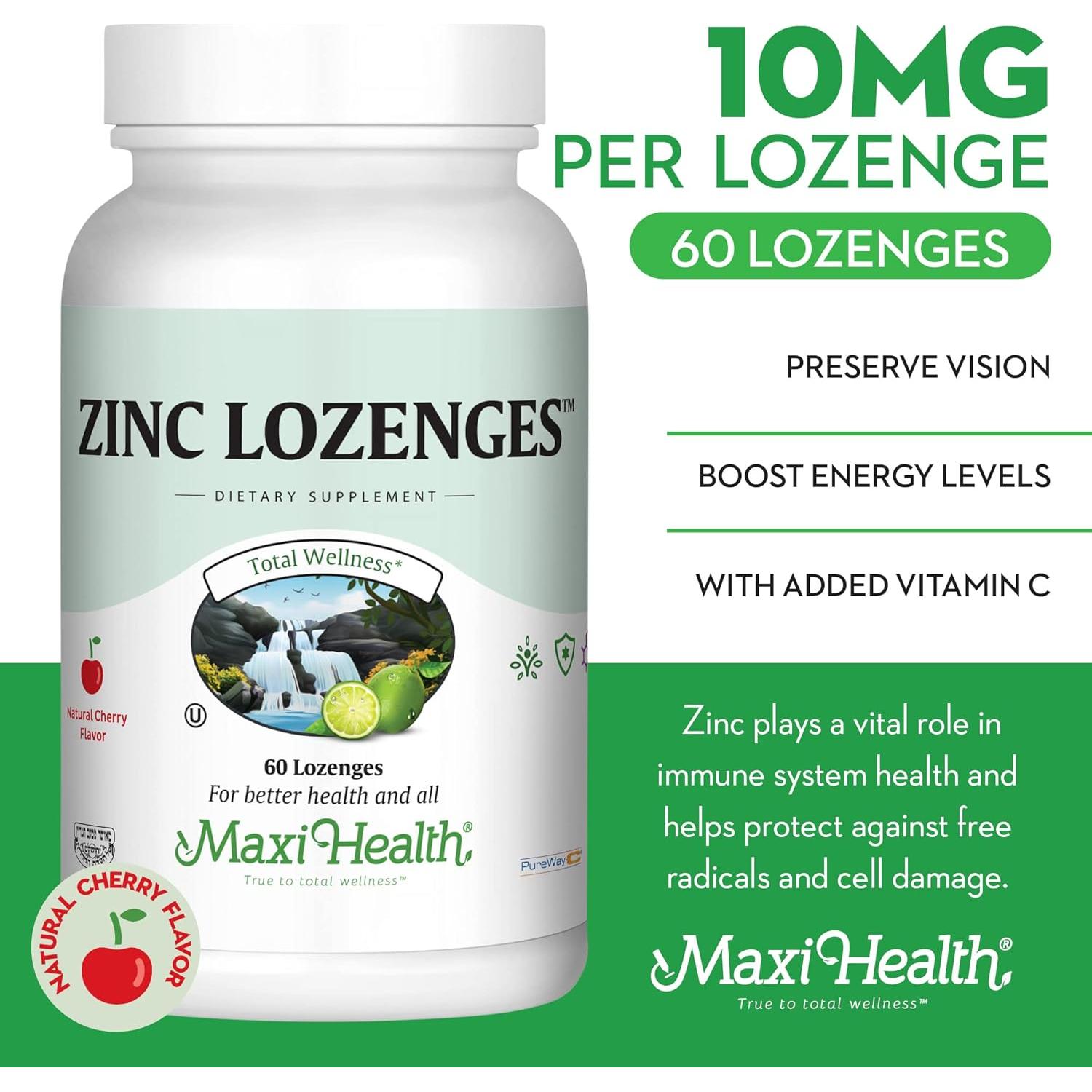 Pastillas de Zinc Maxi Salud 10mg con Vitamina C Sabor Cereza 60u