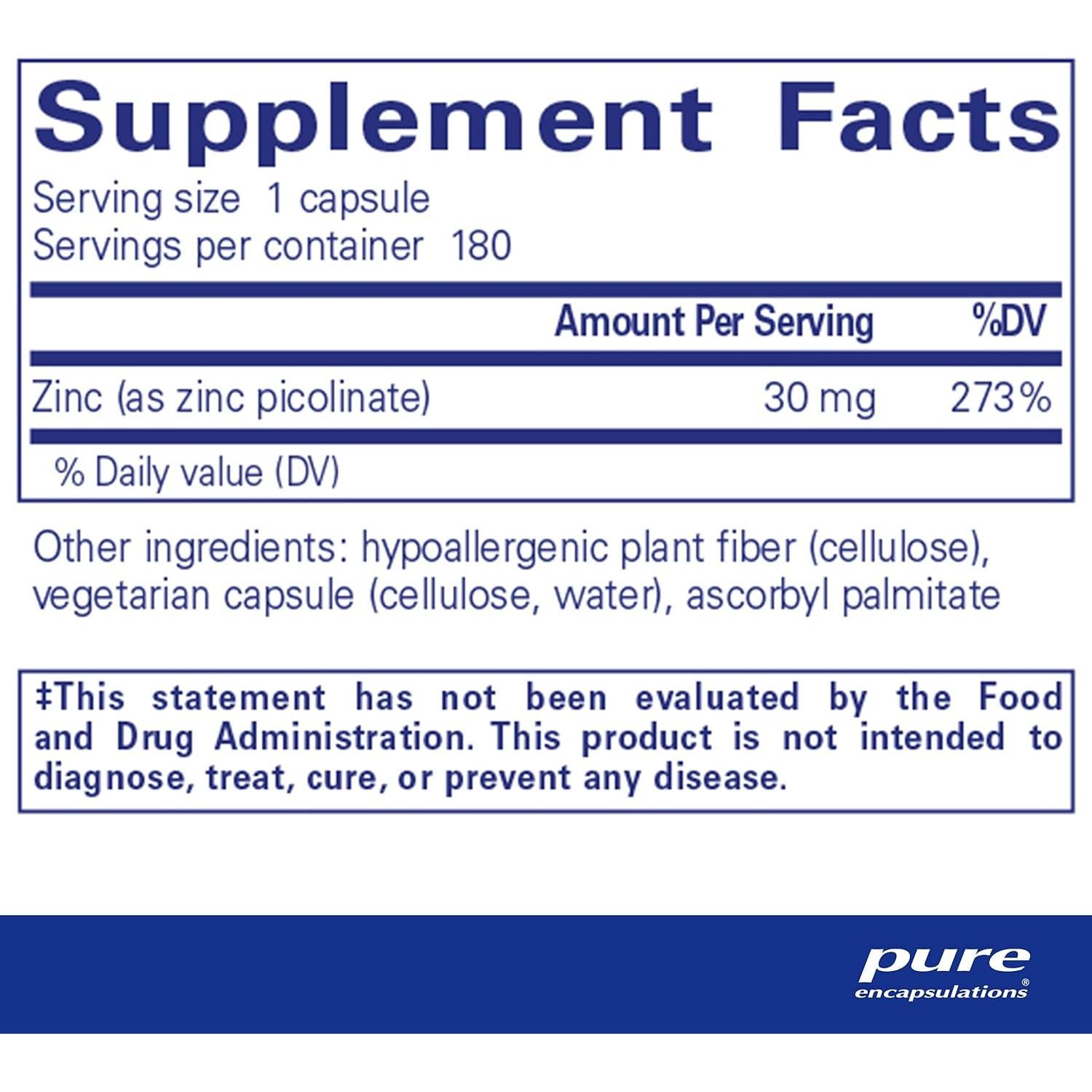Suplemento de Zinc Picolinato 30 mg Pure Encapsulations 180 Cápsulas
