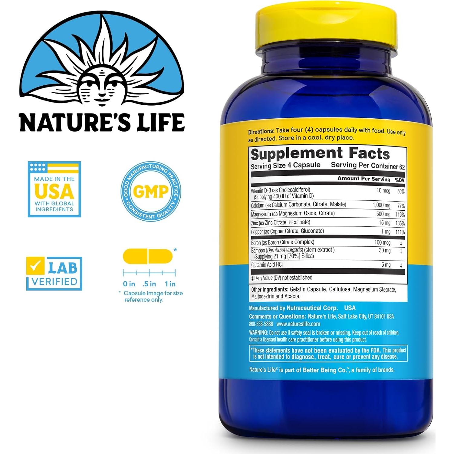 Suplemento de Calcio Magnesio Zinc Nature's Life 1000mg 250 Cápsulas