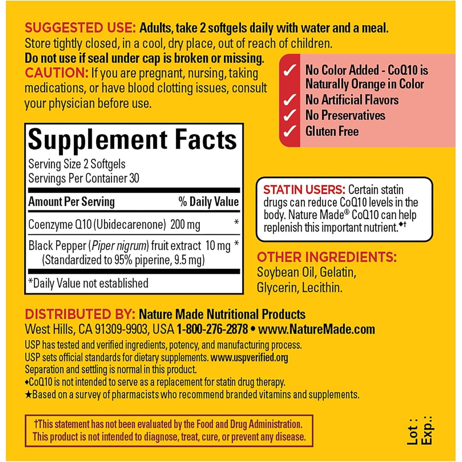 Nature Made CoQ10 200mg con pimienta negra - 60 gelatinas blandas