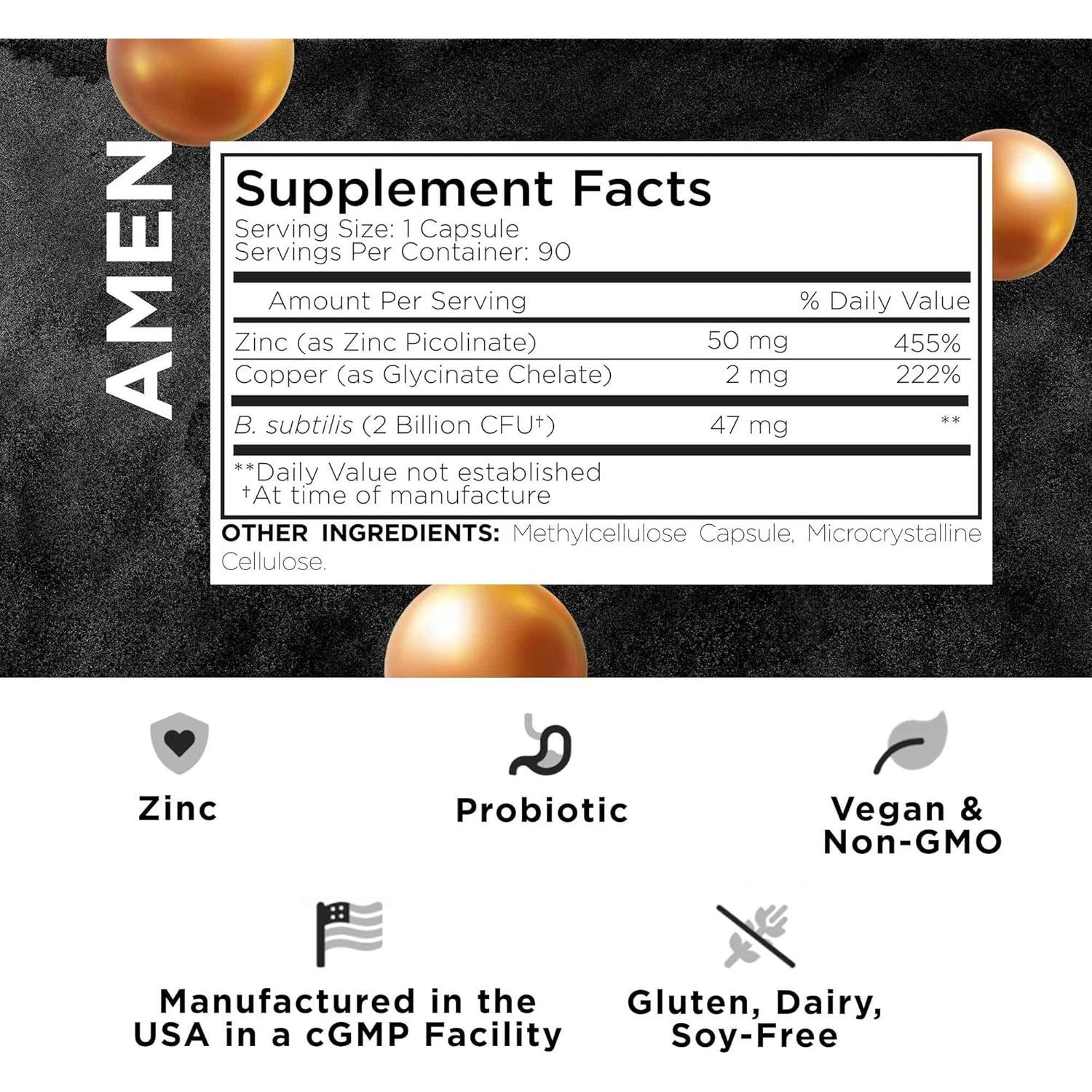 Suplemento de Zinc y Cobre Amen + Probioticos 90 Cápsulas