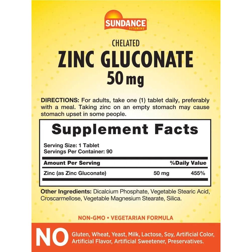 Sundance Gluconato de Zinc 50mg - 90 Tabletas Vegetariano