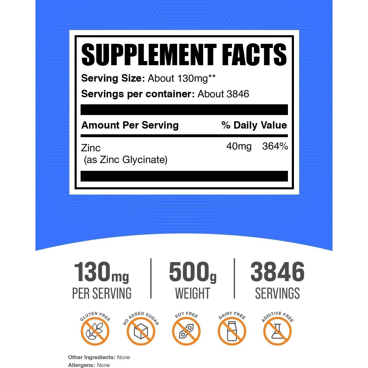 Polvo de Glicinato de Zinc BulkSupplements 500g - Suplemento Mineral