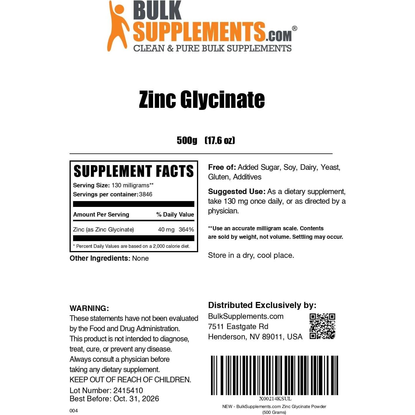 Polvo de Glicinato de Zinc BulkSupplements 500g - Suplemento Mineral