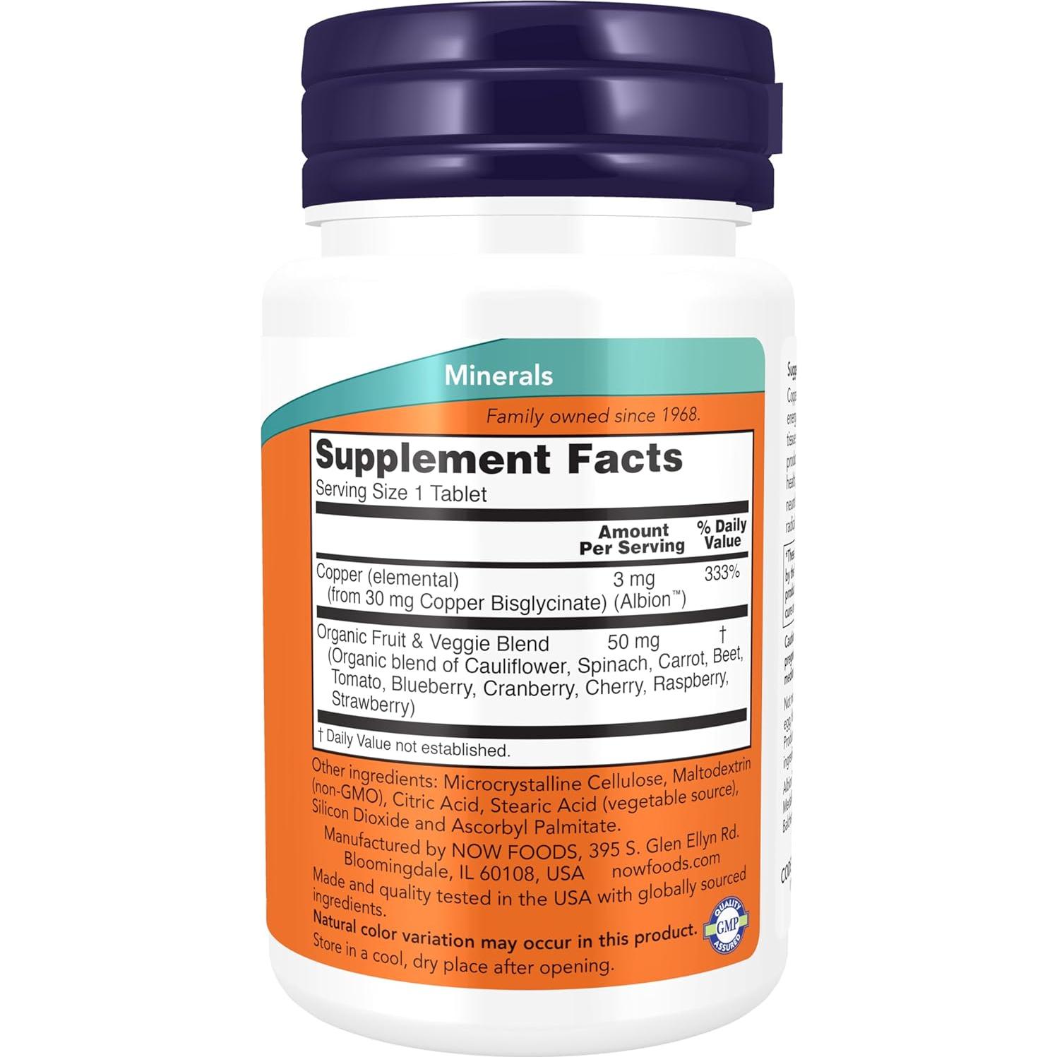 Suplemento Glicinato de Cobre NOW Foods 120 Tabletas 3mg