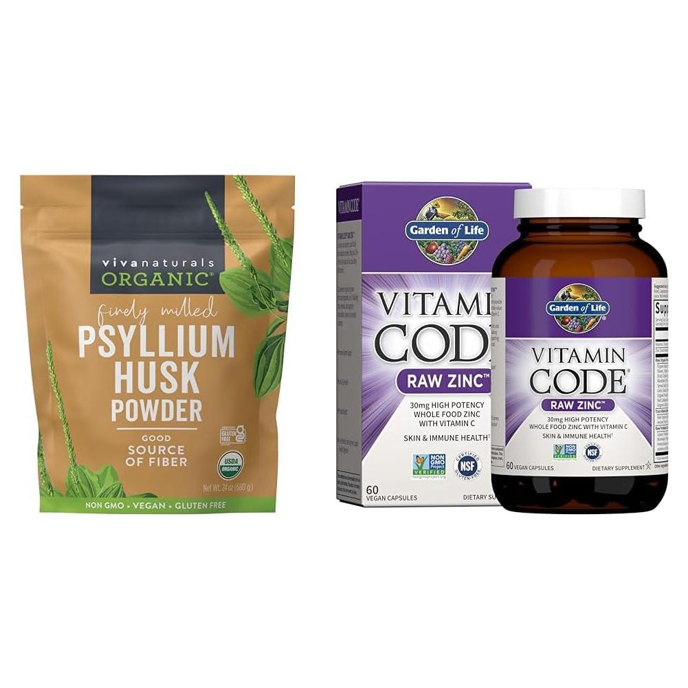 Polvo de Cáscara de Psyllium Orgánico 680 g Viva Naturals + Zinc 30 mg Garden of Life