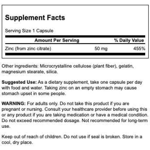 Citrato de Zinc Swanson 50mg - 60 Cápsulas Suplemento Mineral