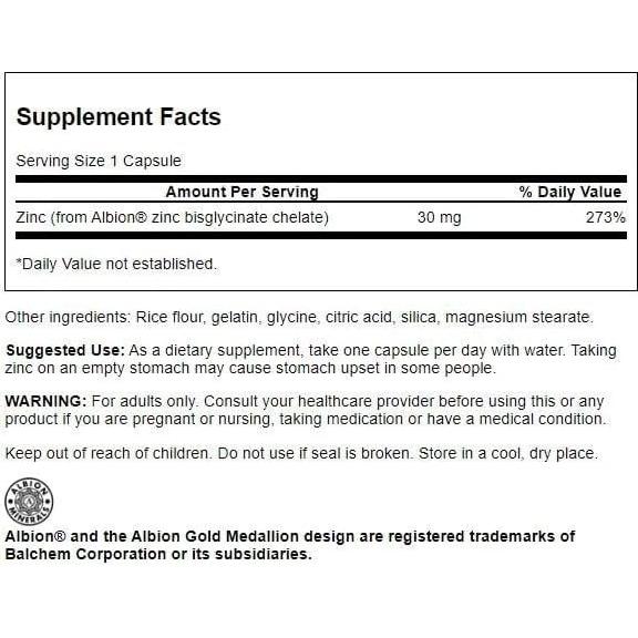 Zinc Quelado de Glicinato Swanson 30 mg 90 Cápsulas