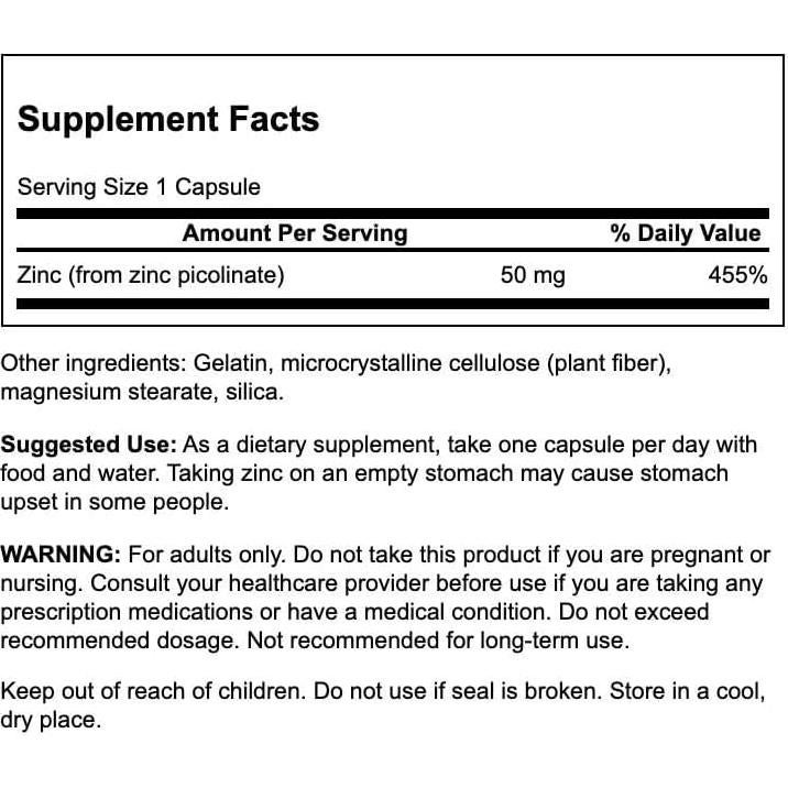 Zinc Picolinato Swanson 50 mg - 60 Cápsulas Inmunidad