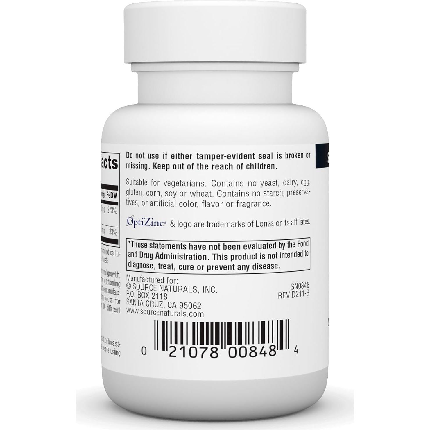 Suplemento Dietético Source Naturals OptiZinc 120 Tabletas