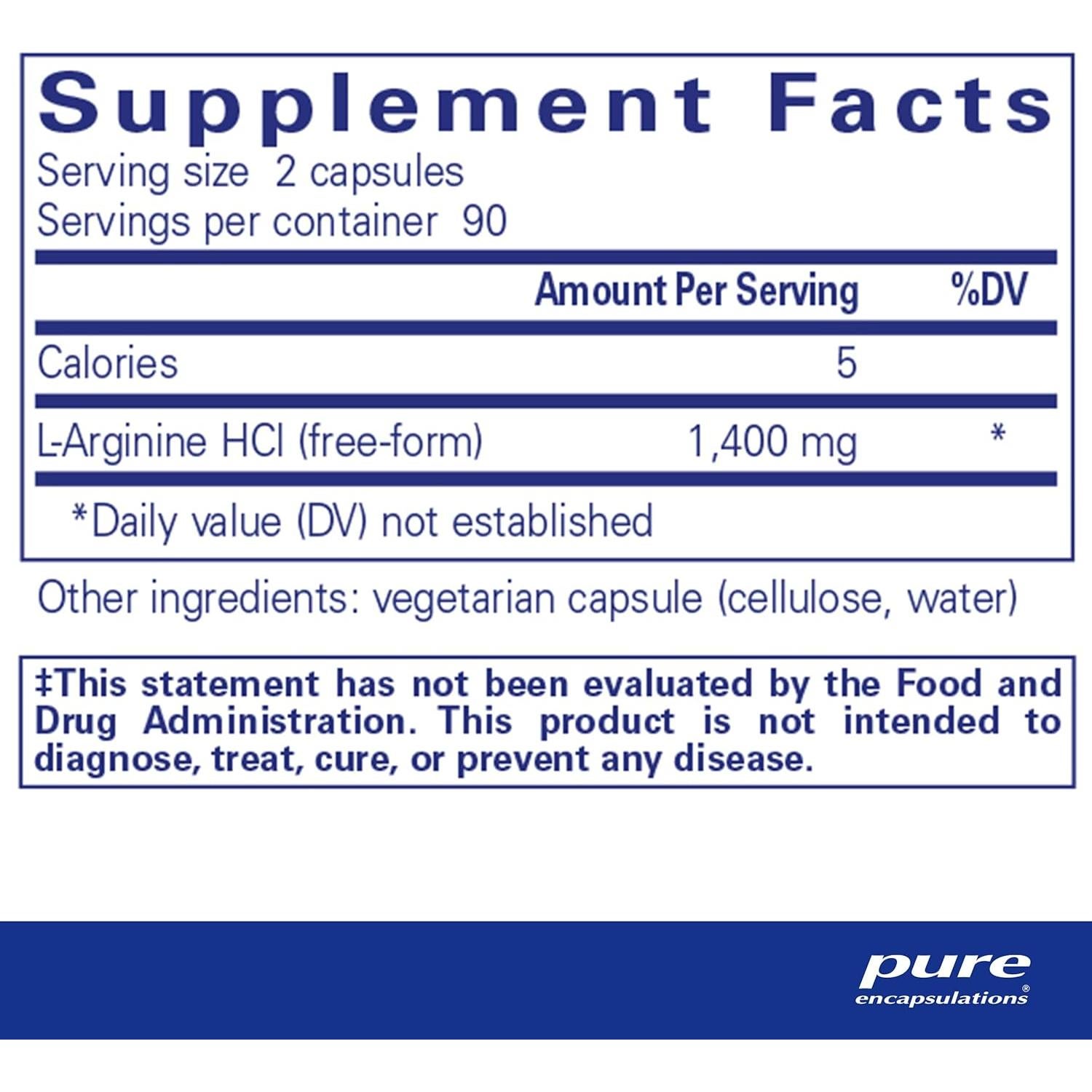 L-Arginina Pure Encapsulations 1400 mg - 180 Cápsulas