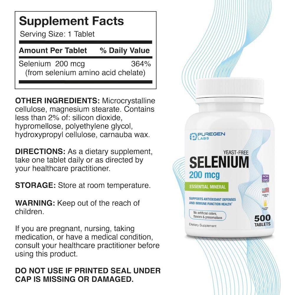 Selenio 200 mcg Puregen Labs - 500 Tabletas Vegetarianas