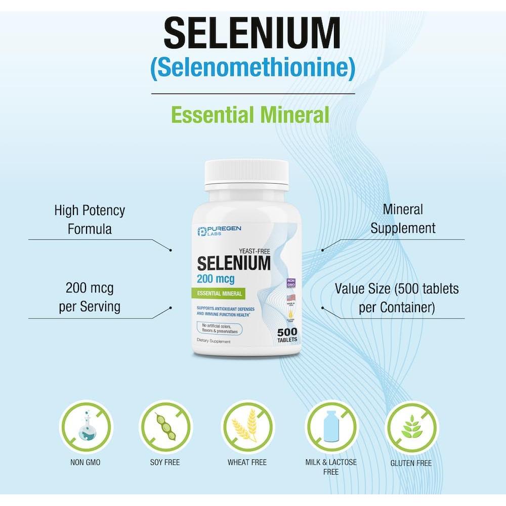 Selenio 200 mcg Puregen Labs - 500 Tabletas Vegetarianas