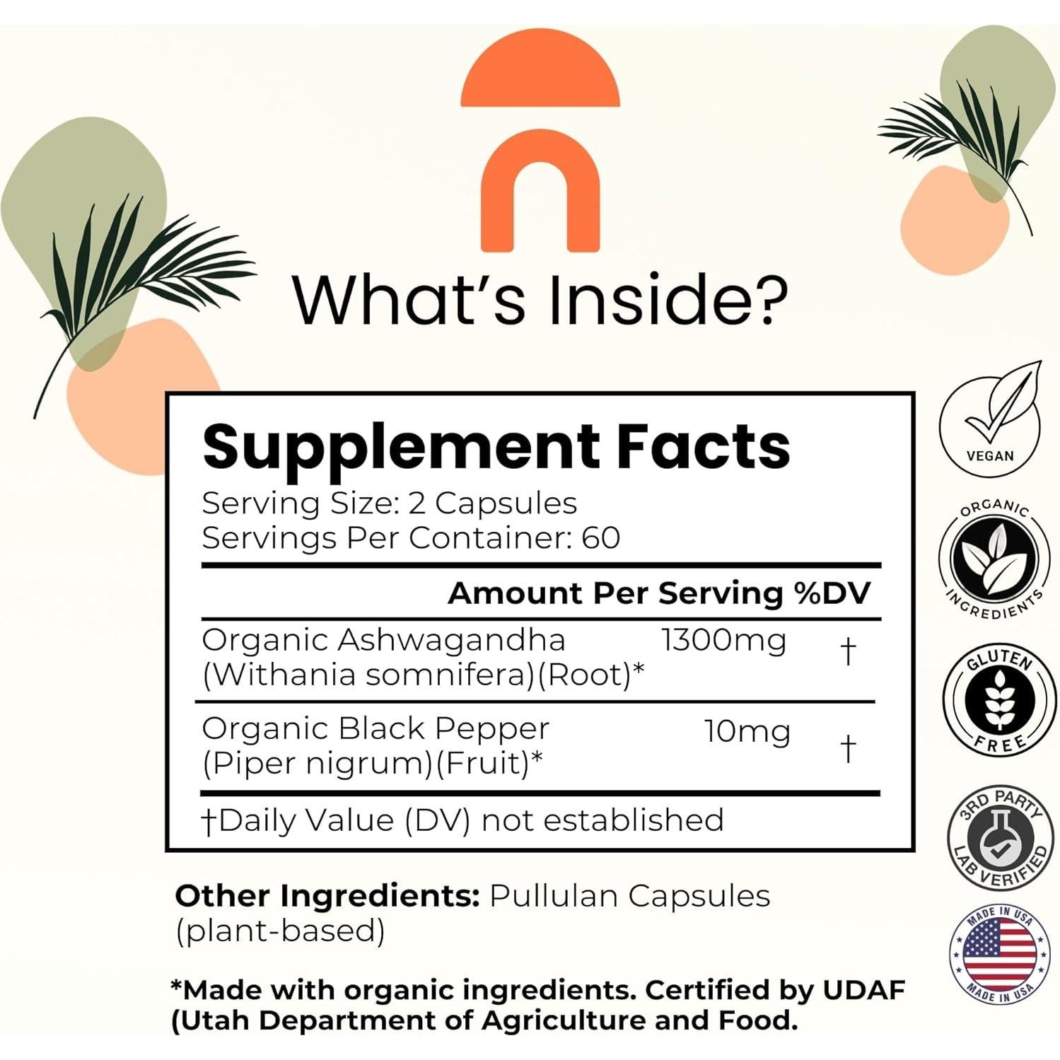 Cápsulas de Ashwagandha Orgánica NutriRise 1300mg 120 Unidades