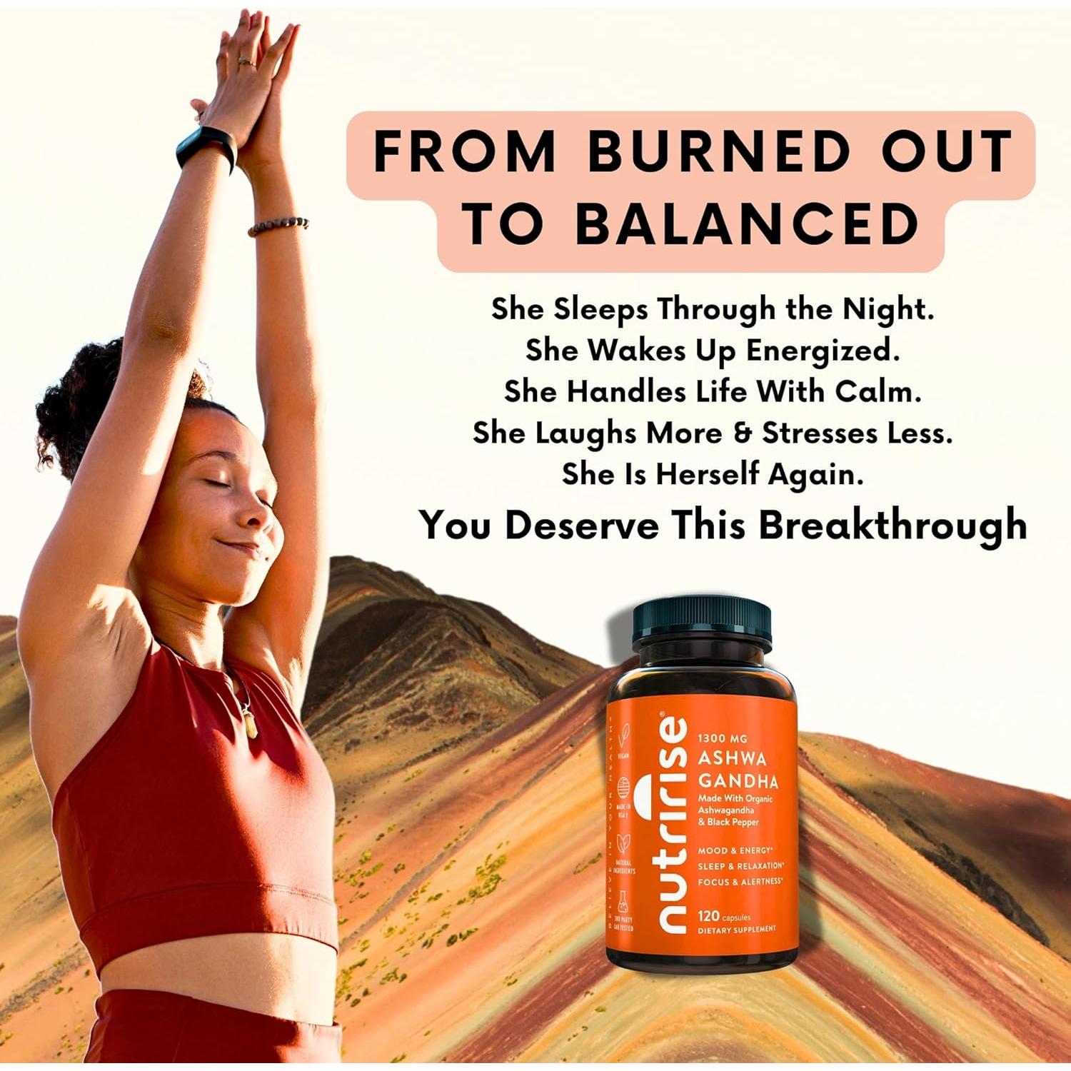 Cápsulas de Ashwagandha Orgánica NutriRise 1300mg 120 Unidades