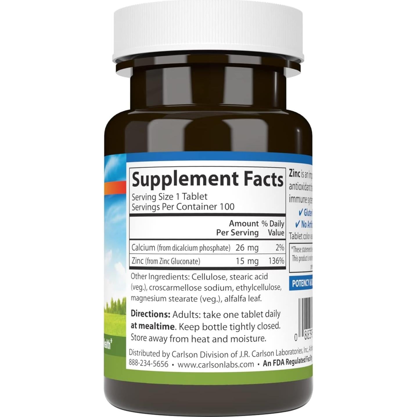 Suplemento de Zinc Carlson 15 mg 100 Tabletas Antioxidante