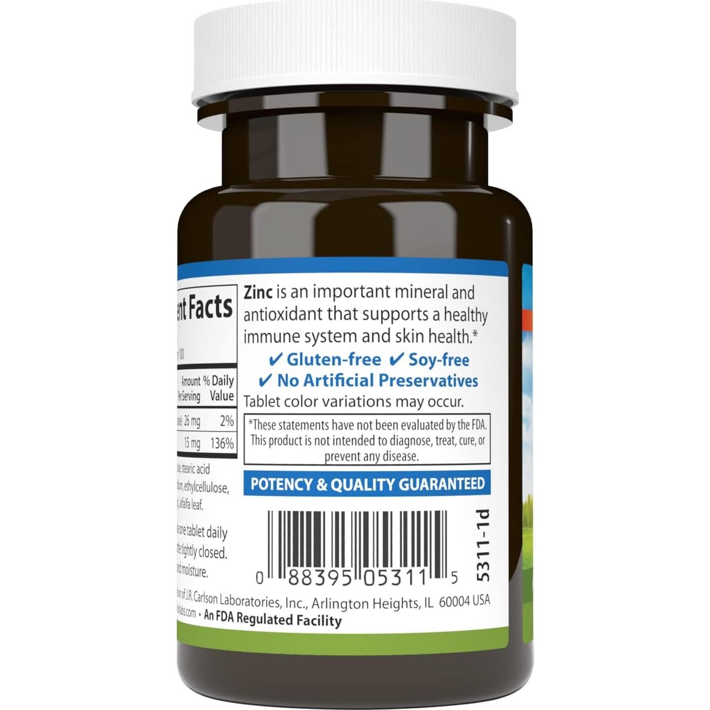 Suplemento de Zinc Carlson 15 mg 100 Tabletas Antioxidante