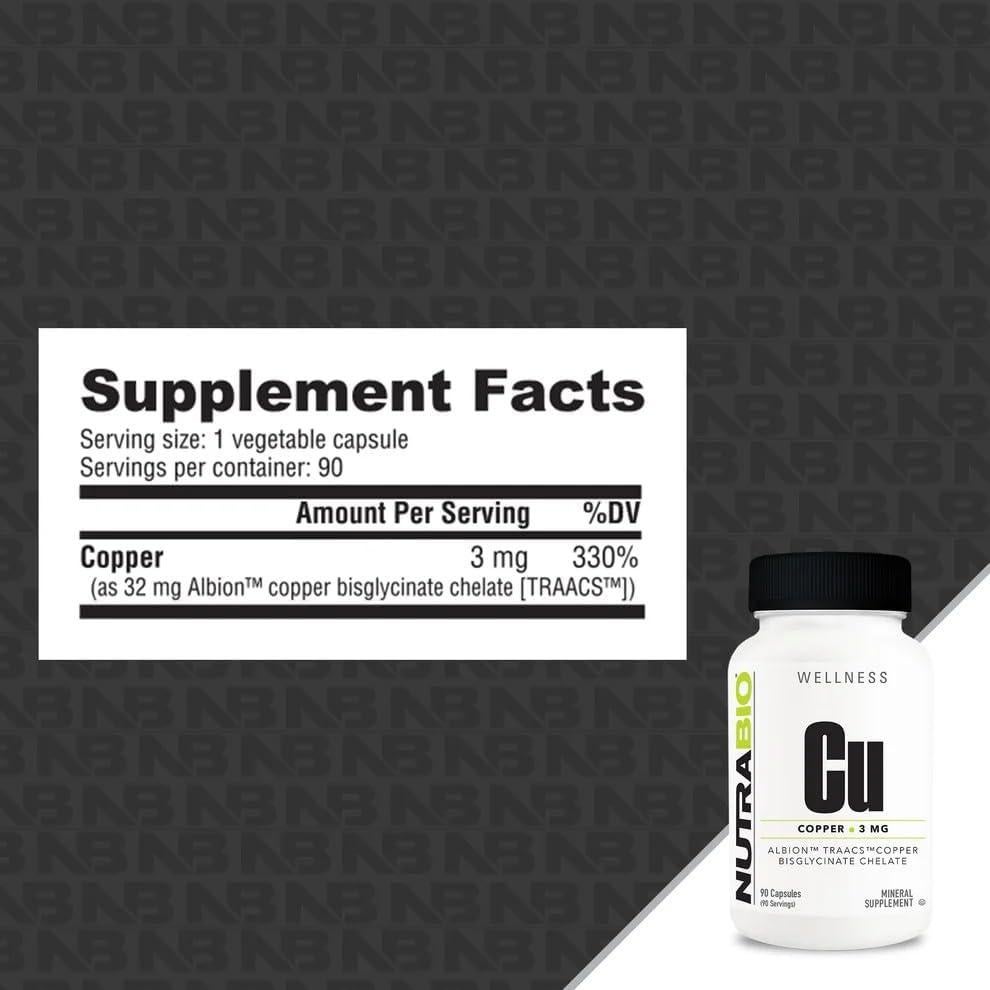 Suplemento de Cobre Quelado NutraBio 3mg - 90 Cápsulas