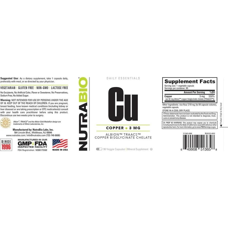 Suplemento de Cobre Quelado NutraBio 3mg - 90 Cápsulas