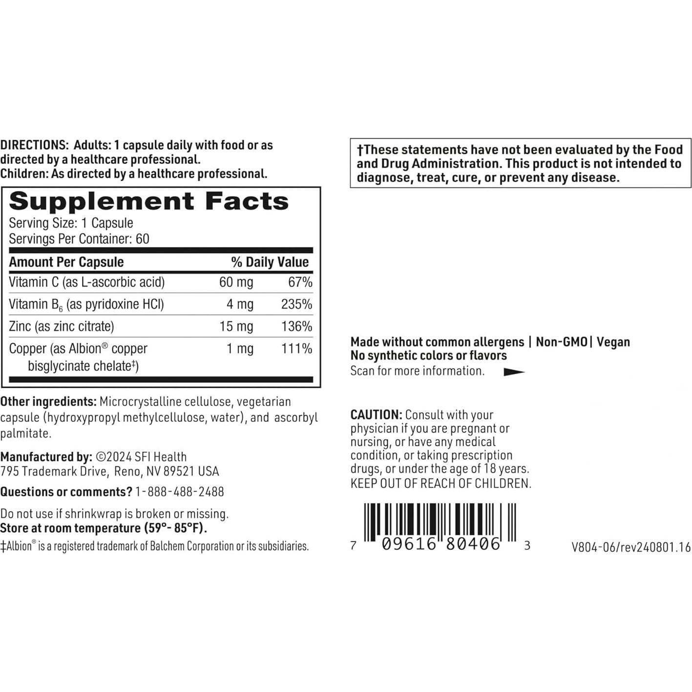 Suplemento Inmunológico Klaire Labs Zinc Plus 60 Cápsulas