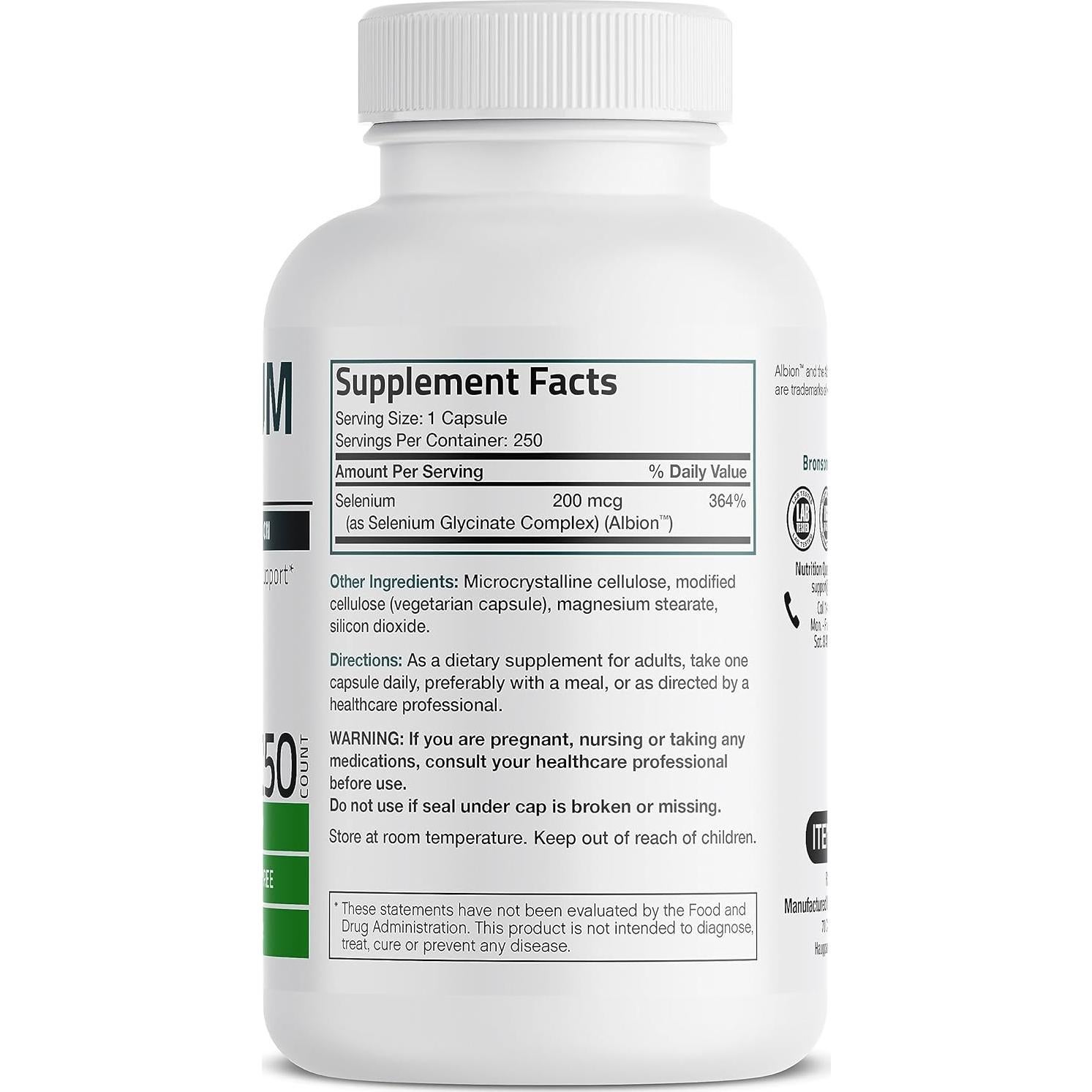 Selenio Bronson 200 mcg - 250 Cápsulas Vegetarianas Queladas